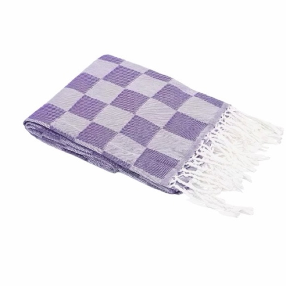 Purple and White Checkered Turkish Style Beach Towel With Fringe New